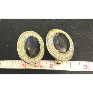 Vintage Hobe Black Faceted Oval Clip On Earrings Gold Tone Rhinestone Halo